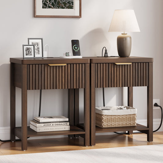 GIKPAL Fluted Nightstands Set of 2, Bedside Tables with Charging Station, Boho Side Tables with Drawer & Open Compartment for Bedroom, Walnut