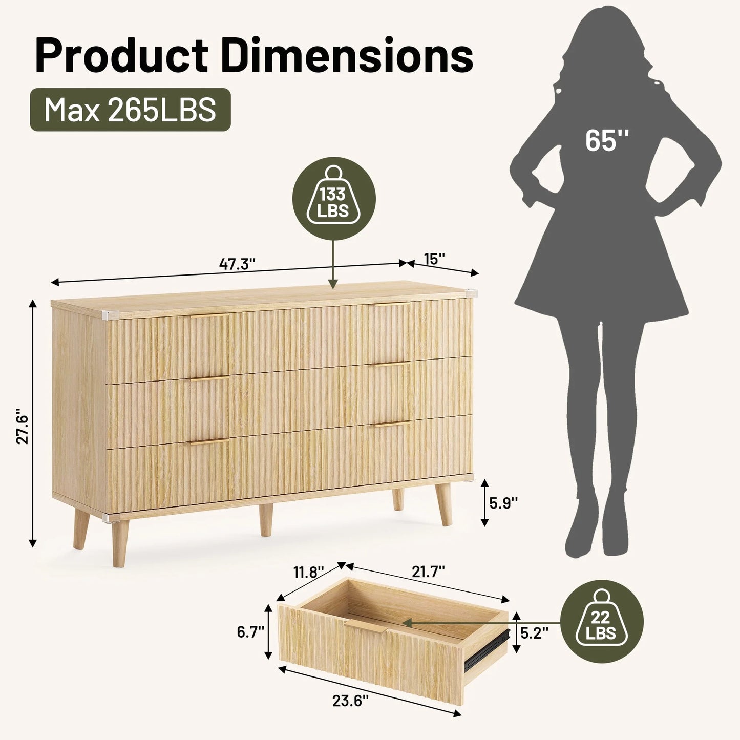 GIKPAL Dressers for Bedroom 6 Drawer, Wood Chest of Double Drawers Dressers, Modern Boho Fluted Storage Cabinet with Metal Handles, for Living Room, Entryway &amp; Hallway, Natural