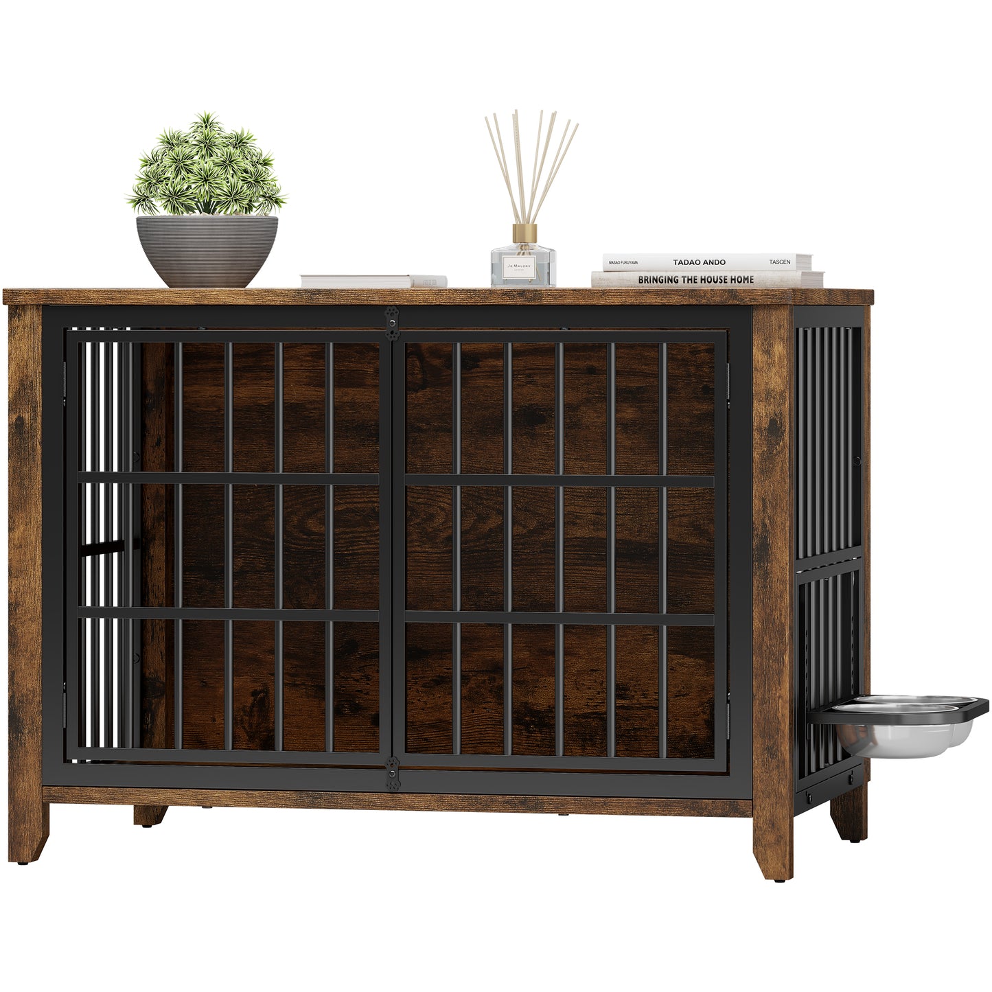 GIKPAL Dog Crate Furniture with 2 Adjustable Bowls, 38" Dog Crates and Kennels with Lockable Doors, Dog Cage for Large Dogs, Brown