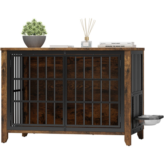 GIKPAL Dog Crate Furniture with 2 Adjustable Bowls, 38" Dog Crates and Kennels with Lockable Doors, Dog Cage for Large Dogs, Brown