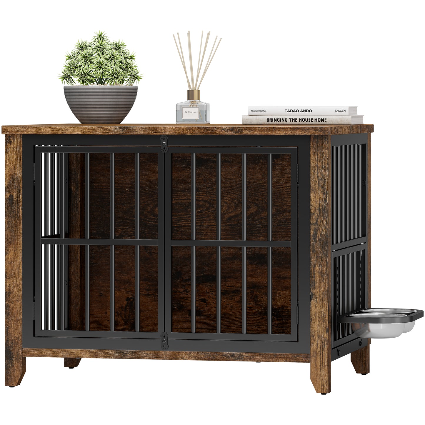 GIKPAL Dog Crate with 2 Adjustable Dog Bowls, Dog Kennel Indoor with Lockable Doors, 32" Pet Carrier House for Medium, Brown