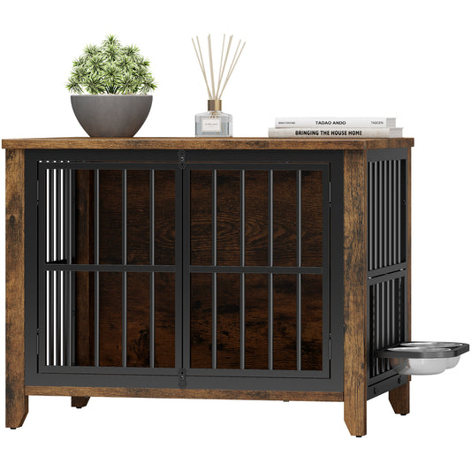 GIKPAL Dog Crate with 2 Adjustable Dog Bowls, Dog Kennel Indoor with Lockable Doors, 32" Pet Carrier House for Medium, Brown