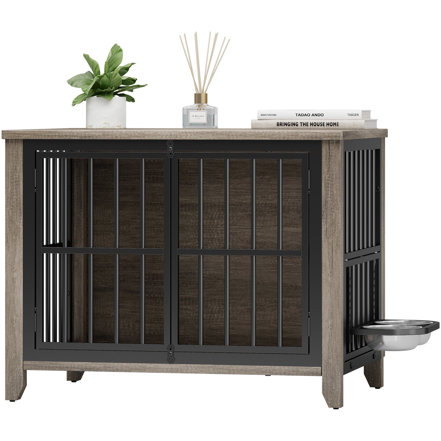 GIKPAL Dog Crate Furniture with 2 Adjustable Bowls, 32" Dog Cage Kennels for Inside with Lockable Doors, Heavy Duty Pet House End Table for Small Medium Dogs, Gray