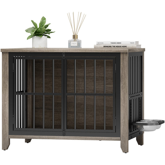 GIKPAL Dog Crate Furniture with 2 Adjustable Bowls, 32" Dog Cage Kennels for Inside with Lockable Doors, Heavy Duty Pet House End Table for Small Medium Dogs, Gray