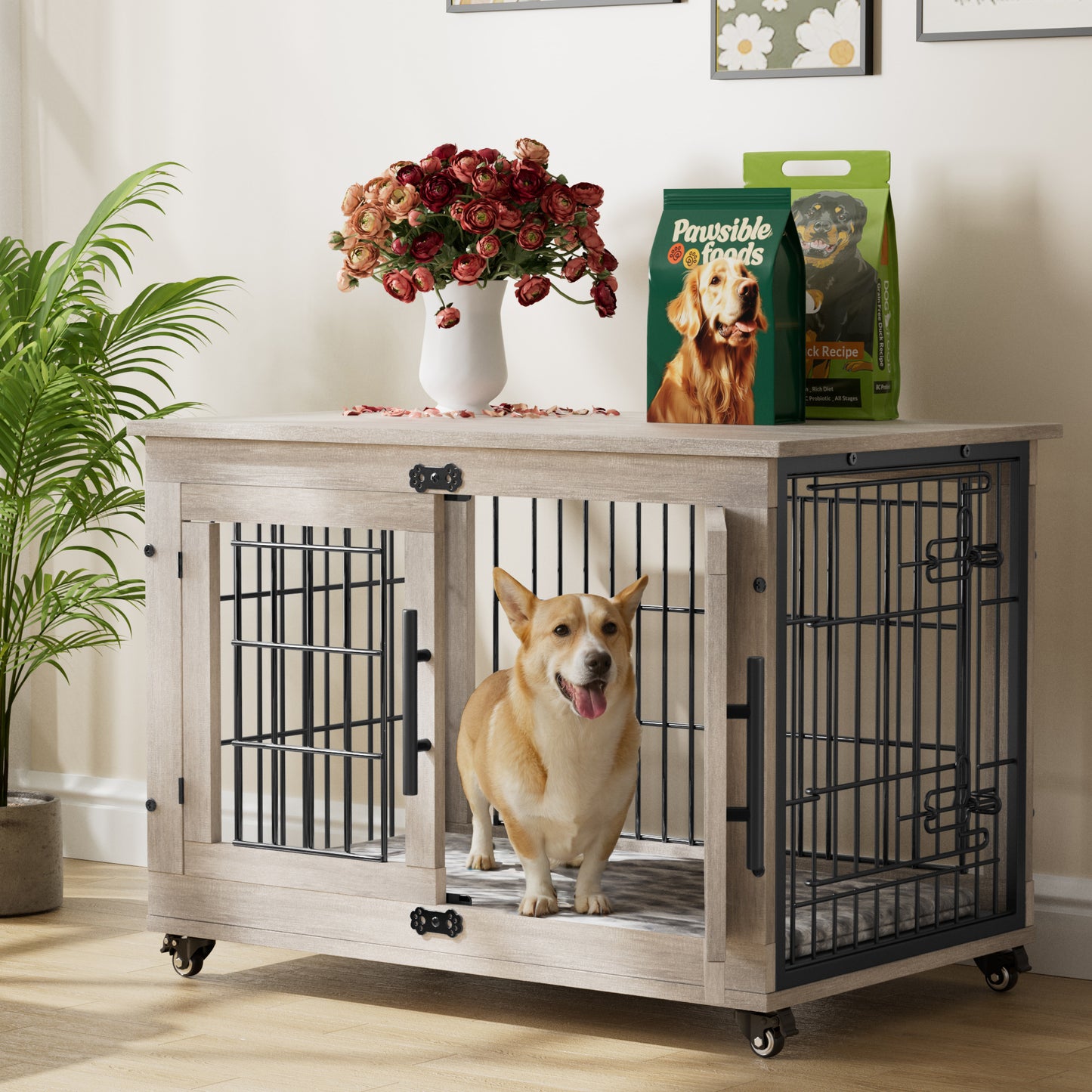GIKPAL 32-inch Dog Crate with Pads, 2-Door Heavy-Duty Indoor Wooden Dog Cage on Wheels for Small to Medium Dogs up to 50 lbs