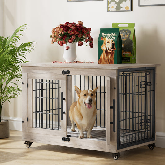 GIKPAL 32-inch Dog Crate with Pads, 2-Door Heavy-Duty Indoor Wooden Dog Cage on Wheels for Small to Medium Dogs up to 50 lbs