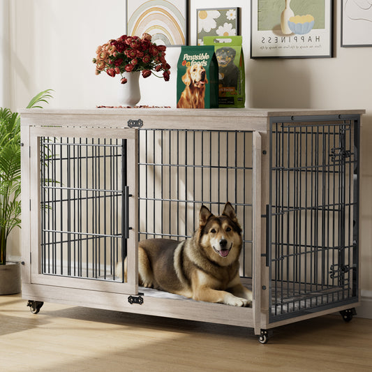 GIKPAL 44-Inch Dog Crate with Pads, 2-Door Heavy-Duty Indoor Wooden Dog Cage on Wheels for XL Dogs up to 50 lbs,Gray