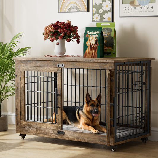 GIKPAL 38 Inch Dog Crate With Padded Wooden, Dog Kennels for Inside With 2 Door Wheeled for Heavy Medium to Large Dogs
