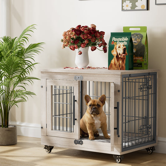 GIKPAL 27-Inch Dog Crate with Pads, 2-Door Heavy-Duty Indoor Wooden Dog Cage on Wheels for Small to Medium Dogs up to 35 lbs,Gray
