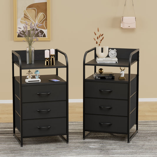 GIKPAL Nightstand Set of 2, Side End Tables Living Room with 2 Wood Shelves, 3 Fabric Drawer Dresser, Bedside Table Night Stands for Bedroom, Black
