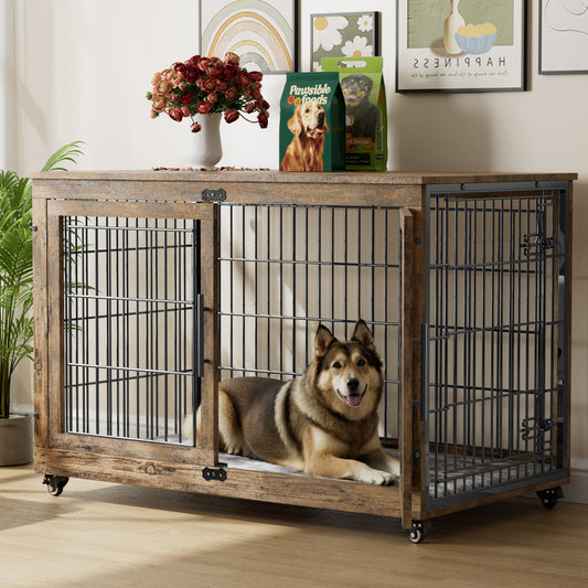 GIKPAL 44-Inch Dog Crate with Pads, 2-Door Heavy-Duty Indoor Wooden Dog Cage on Wheels for XL Dogs up to 100 lbs,Brown