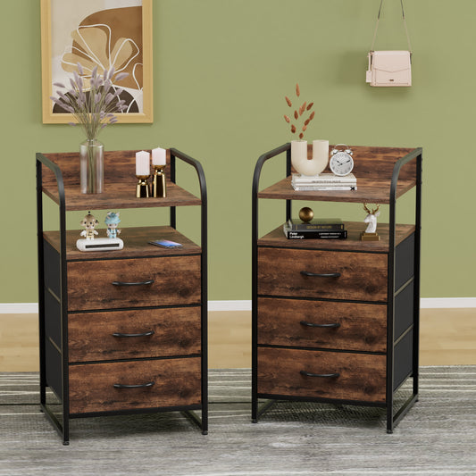 GIKPAL Nightstand Set of 2, Side End Tables Living Room with 2 Wood Shelves, 3 Fabric Drawer Dresser, Bedside Table Night Stands for Bedroom, Brown