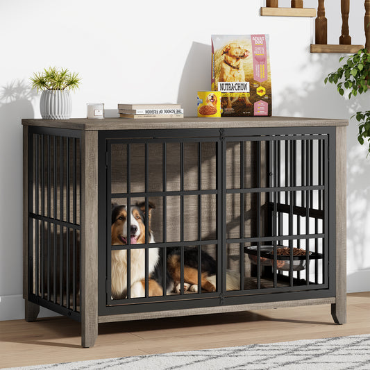 GIKPAL Dog Crate Furniture with Dual Rotating Bowls, Wooden Indoor Dog Kennel for Large Dogs, Sturdy Pet Crate Cage End Table, Brown