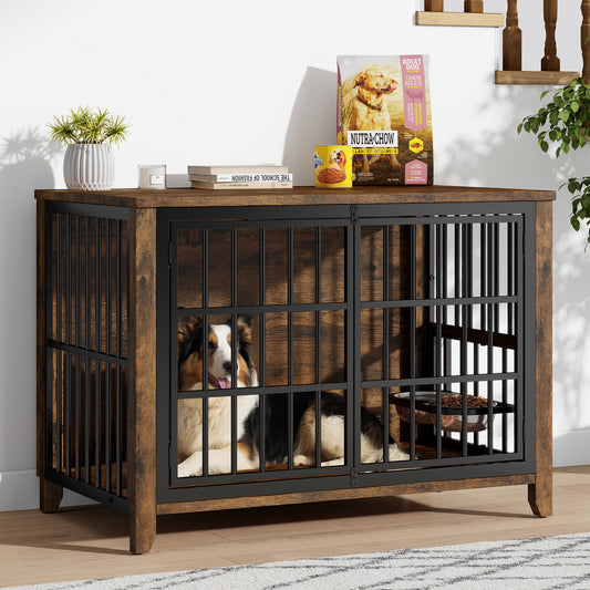 GIKPAL Dog Crate Furniture with Dual Rotating Bowls, Wooden Indoor Dog Kennel for Large Dogs, Sturdy Pet Crate Cage End Table, Brown