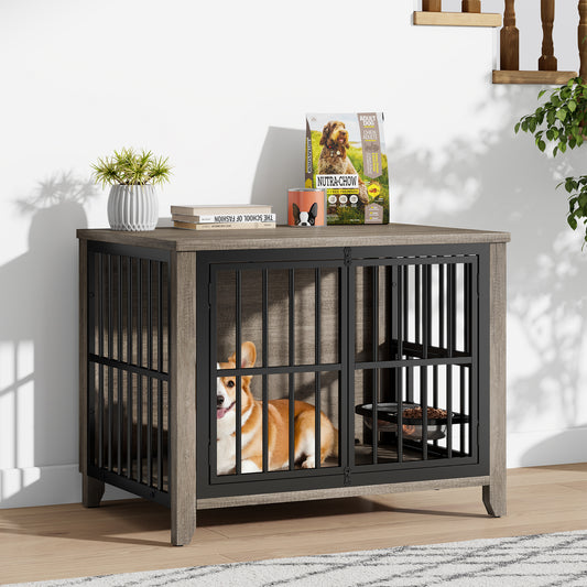 GIKPAL Dog Crate with Dog Bowls, Wooden Dog Crate and Kennels for Small/Medium Dogs, Sturdy & Stylish Pet Crate Cage End Table Furniture, Gray