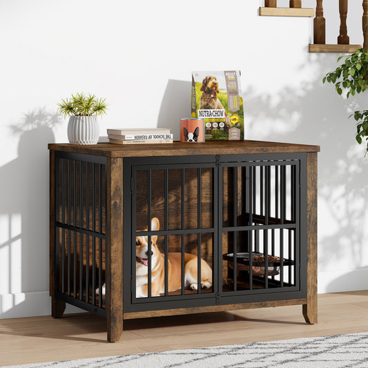GIKPAL Dog Crate Furniture with Dog Bowls, Wooden Indoor Dog Crate and Kennels for Small/Medium Dogs, Sturdy & Stylish End Table Pet Crate Cage, Brown