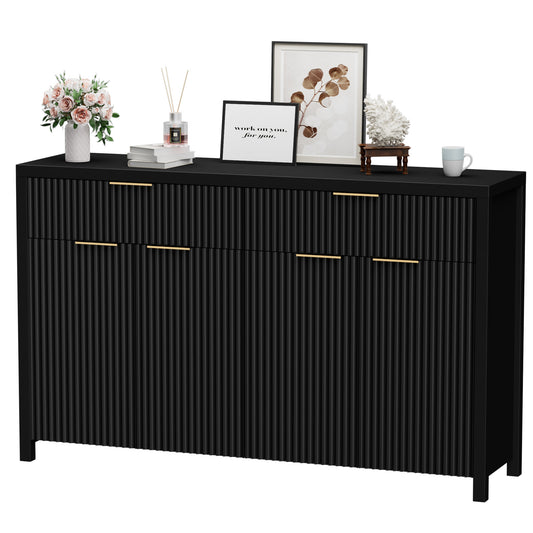 GIKPAL Sideboard Buffet Cabinet with Storage Drawers, Boho Wood Storage Cabinet with Doors and Adjustable Shelves, Modern Kitchen Accent Cabinet for Dining Room, TV Stand for Living Room, Black