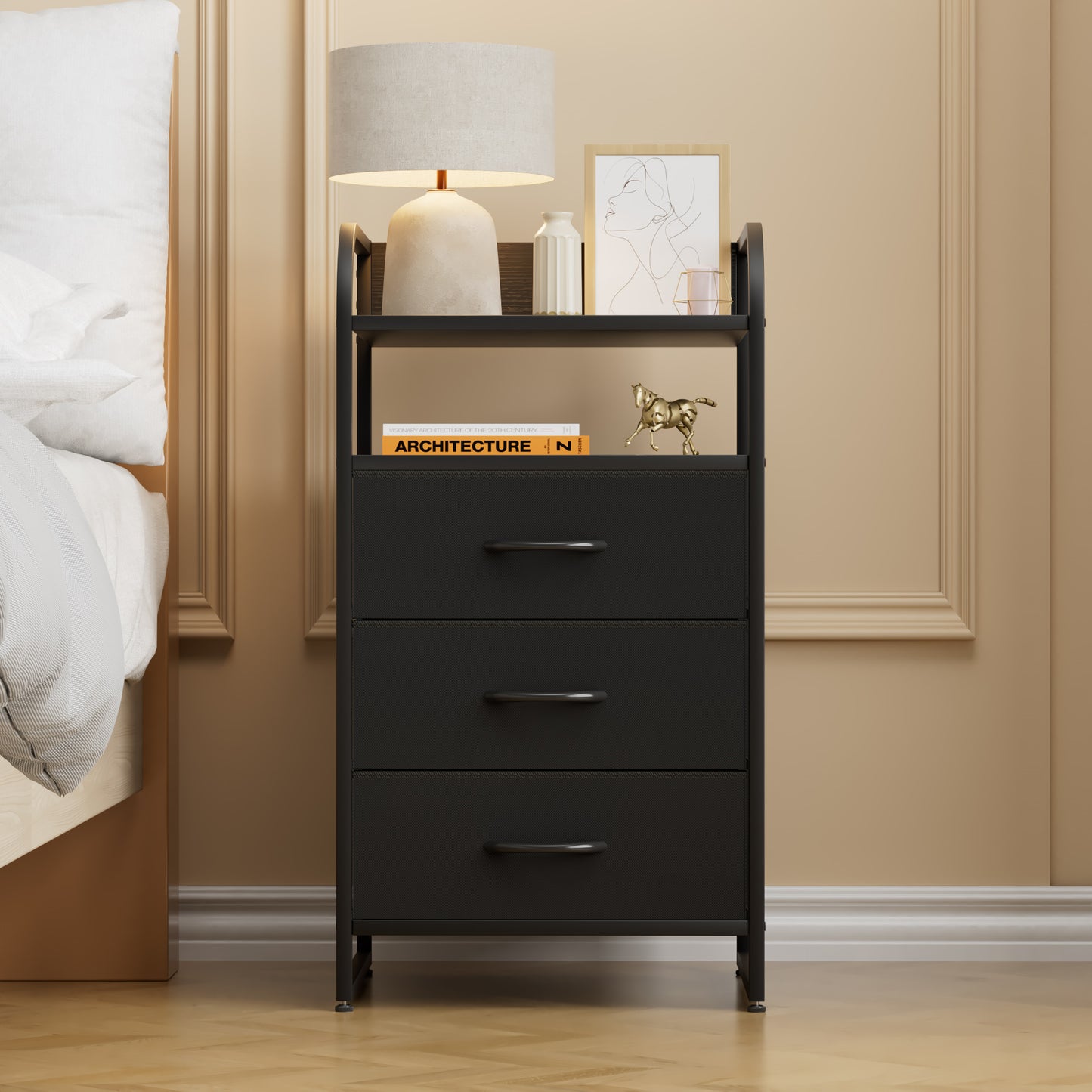 GIKPAL Nightstand Black, 3 Drawer Dresser Night Stand for Bedroom with Storage, Side Bedside Table with 2 Shelves, End Table for Entryway Bedroom Furniture for Adult, All Age Group