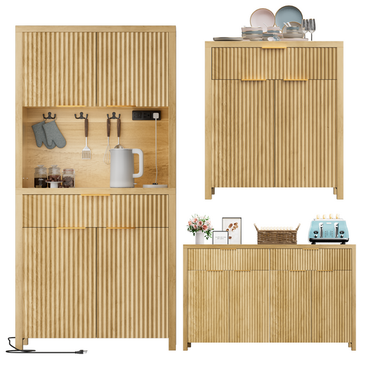 GIKPAL Pantry and Buffet 3-Piece, Include Pantry Cabinet with Outlet, 55" L Sideboard with Drawers, 28"L Buffet Cabinet with Storage, Modern Boho Kitchen Furniture, Natural Oak