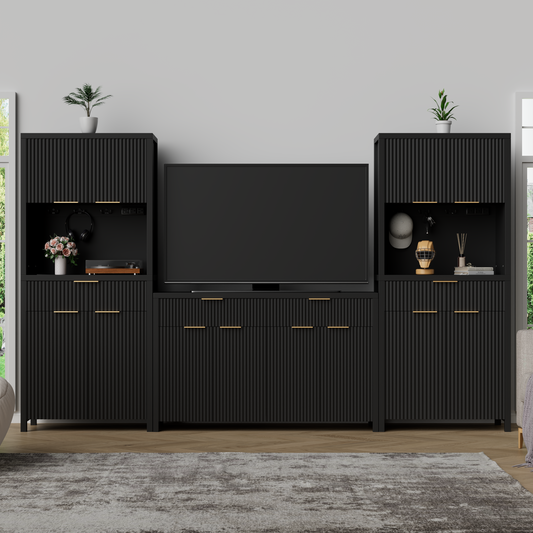 GIKPAL Sideboard and Pantry Set 3 Piece - 55"L Sideboard and 2 pcs Pantry Cabinet, TV Stands for Living Room, Fluted Kitchen Storage Cabinets, Black