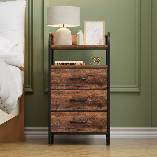 GIKPAL Nightstand, Night Stand with 3 Fabric Drawers, Side Table Bedside Dresser for Bedroom Furniture with 2 Shelves, Sturdy End Tables for Living Room for All Age Group, Adult, Brown