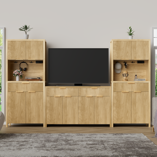 GIKPAL Sideboard and Pantry Set 3 Piece - 55"L Sideboard and 2 pcs Pantry Cabinet, TV Stands for Living Room, Fluted Kitchen Storage Cabinets, Natural Oak
