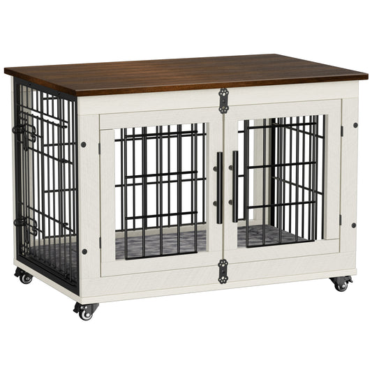 GIKPAL 32-Inch Dog Crate with Pads, 2-Door Heavy-Duty Indoor Wooden Dog Cage on Wheels for Small to Medium Dogs up to 70 lbs,White