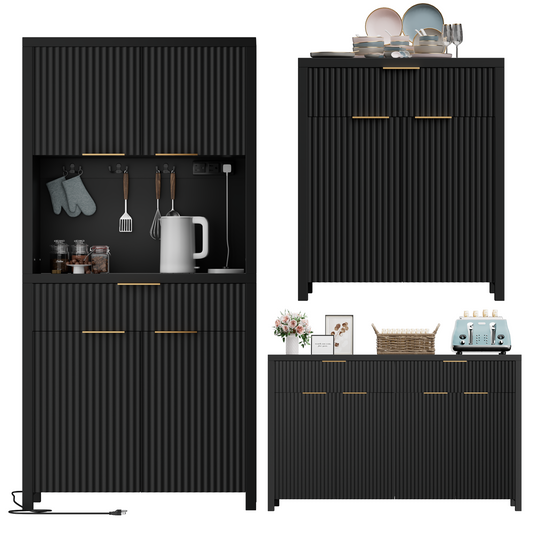 GIKPAL Pantry and Buffet 3-Piece, Include Pantry Cabinet with Outlet, 55" L Sideboard with Drawers, 28"L Buffet Cabinet with Storage, Modern Boho Kitchen Furniture, Black