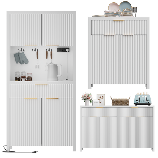 GIKPAL Pantry and Buffet 3-Piece, Include Pantry Cabinet with Outlet, 55" L Sideboard with Drawers, 28"L Buffet Cabinet with Storage, Modern Boho Kitchen Furniture, White
