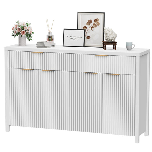 GIKPAL Kitchen Storage Cabinet, Sideboard Buffet Cabinet with Adjustable Shelves and 4 Boho Doors, White Accent Cabinet with Drawers, Credenza Coffee Bar for Kitchen Entryway Living Room Furniture