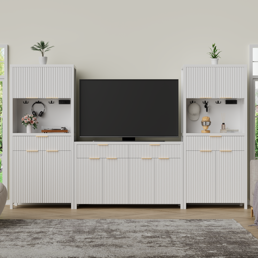 GIKPAL Sideboard and Pantry Set 3 Piece - 55"L Sideboard and 2 pcs Pantry Cabinet, TV Stands for Living Room, Fluted Kitchen Storage Cabinets, White