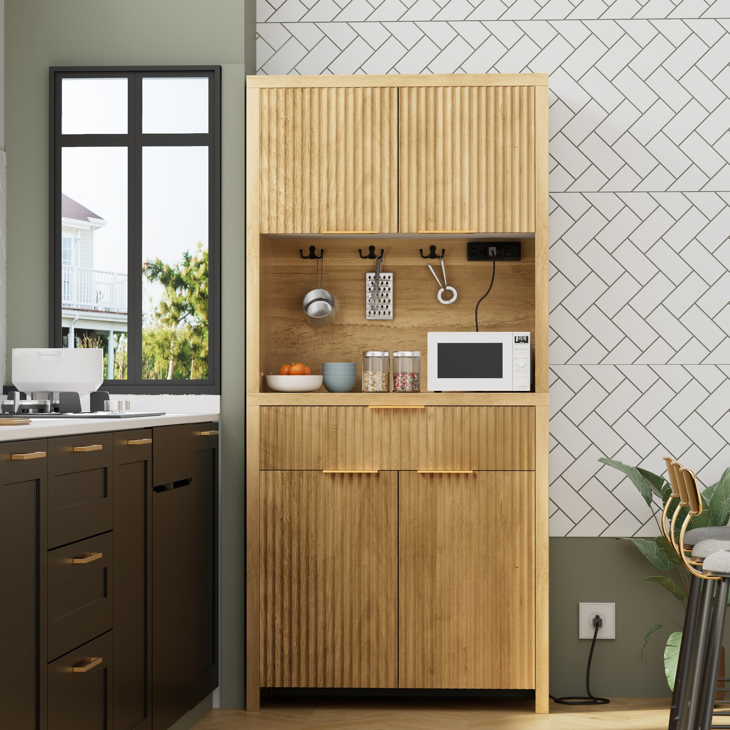 GIKPAL Pantry Cabinet with Charging Station, Fluted Kitchen Pantry Storage Cabinet with Shelves and Drawer, Boho Kitchen Hutch with Microwave Stand for Dining Living Room, Natural Oak