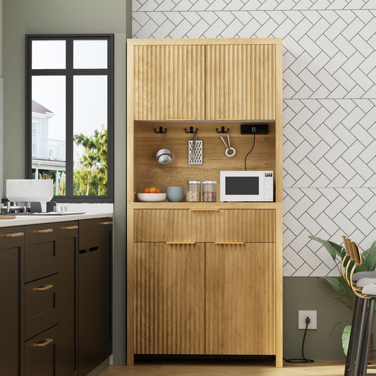 GIKPAL Pantry Cabinet with Charging Station, Fluted Kitchen Pantry Storage Cabinet with Shelves and Drawer, Boho Kitchen Hutch with Microwave Stand for Dining Living Room, Natural Oak