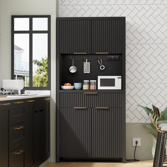 GIKPAL Pantry Cabinet with Charging Station, Fluted Kitchen Pantry Storage Cabinet with Shelves and Drawer, Boho Kitchen Hutch with Microwave Stand for Dining Living Room, Black