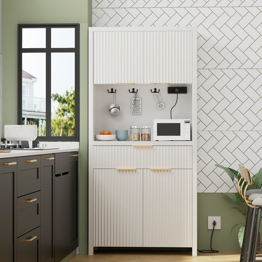 GIKPAL Pantry Cabinet with Charging Station, Fluted Kitchen Pantry Storage Cabinet with Shelves and Drawer, Boho Kitchen Hutch with Microwave Stand for Dining Living Room, White