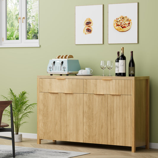 GIKPAL Sideboard Buffet Cabinet with Fluted Doors, Kitchen Storage Cabinet with Drawers and Adjustable Shelves, Boho TV Stand Living Room, Accent Cabinet for Entryway, Dining Room, Natural Oak