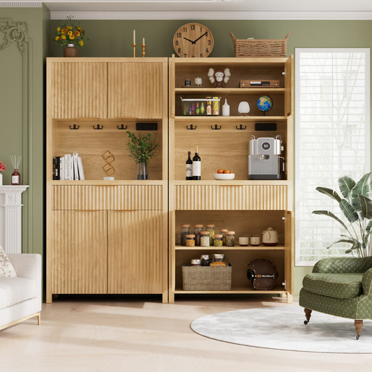 GIKPAL Pantry Storage Cabinet with Drawer, Kitchen Cabinet with Charging Station, Pantry Organizer with Adjustable Shelves, Hutch Cabinet with Storage for Dining Living Room ,Brown Set of 2