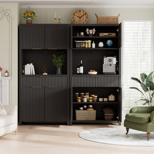 GIKPAL Kitchen Storage Cabinets with Drawer, Pantry Cabinet with Charging Station, Pantry Organizer with Adjustable Shelves, Hutch Cabinet with Storage for Dining Living Room , Black Set of 2