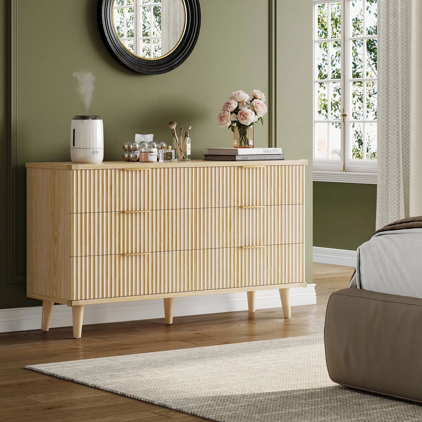 GIKPAL Dressers for Bedroom 6 Drawer, Wood Chest of Double Drawers Dressers, Modern Boho Fluted Storage Cabinet with Metal Handles, for Living Room, Entryway &amp; Hallway, Natural
