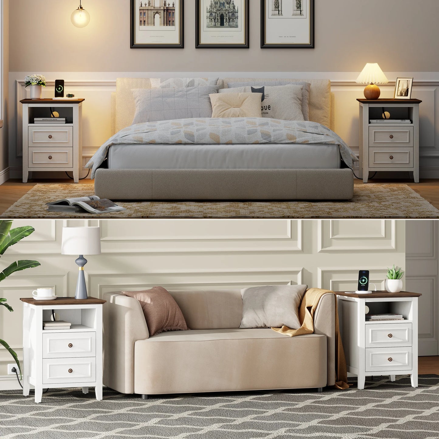 GIKPAL Farmhouse Nightstand with Charging Station, Dresser for Bedroom with 2 Drawers Handles, Rustic Wood Side Table End Table for Living Room, Oak White