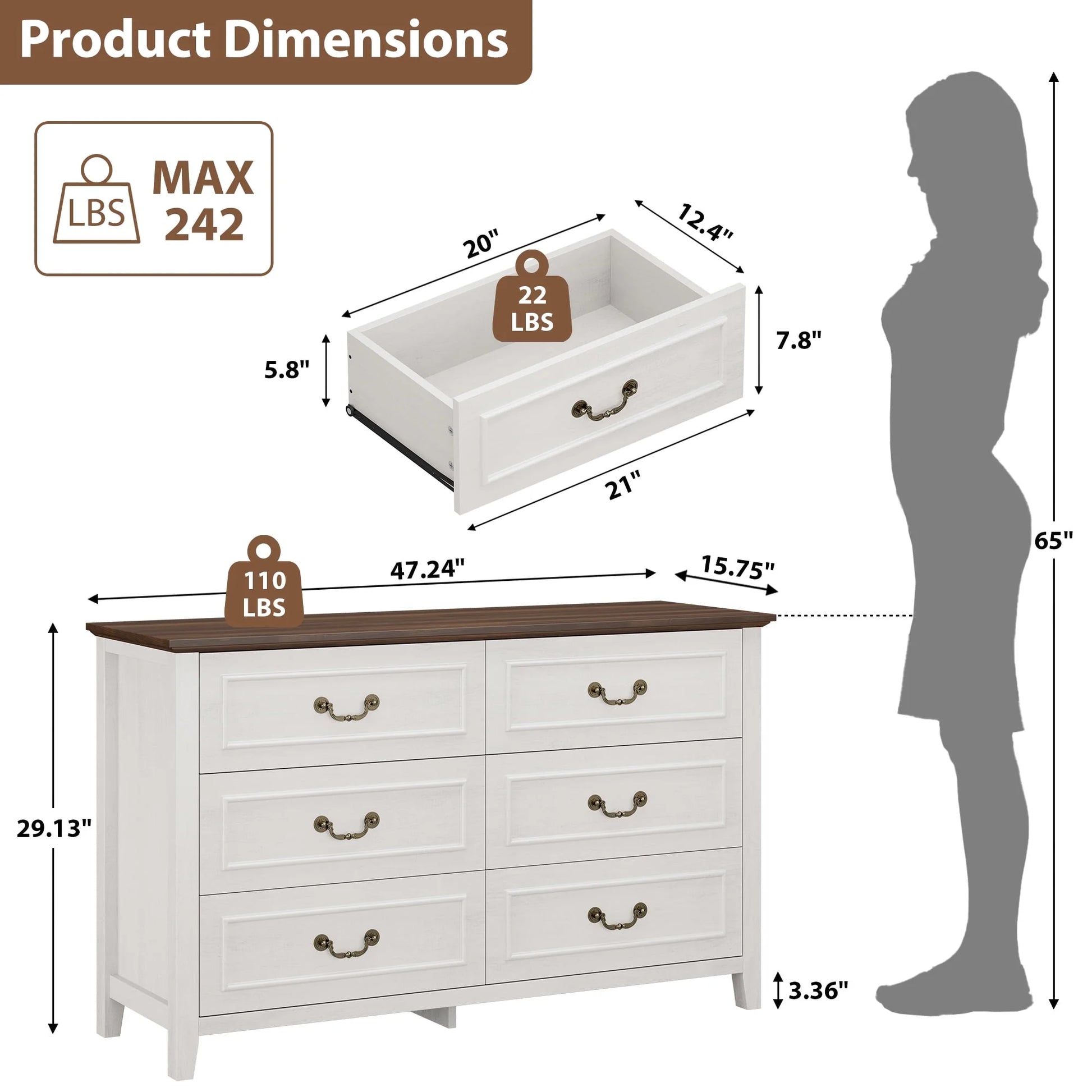 GIKPAL White Dresser for Bedroom, 6 Drawers Wood Dresser with Antique GIKPAL White Dresser for Bedroom, 6 Drawers Wood Dresser with Antique