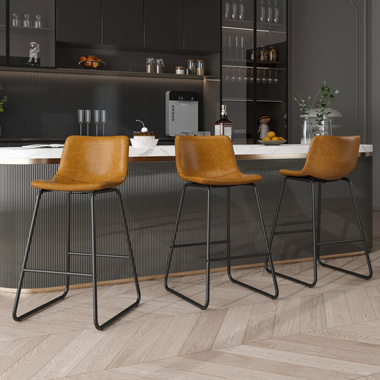 GIKPAL Bar Stools 26" Faux Leather Counter Height Barstools with Back Set of 3, Modern Counter Stools with Metal Legs and Footrest, Armless Chairs with Back for Kitchen Living Room Pub, Whiskey Brown