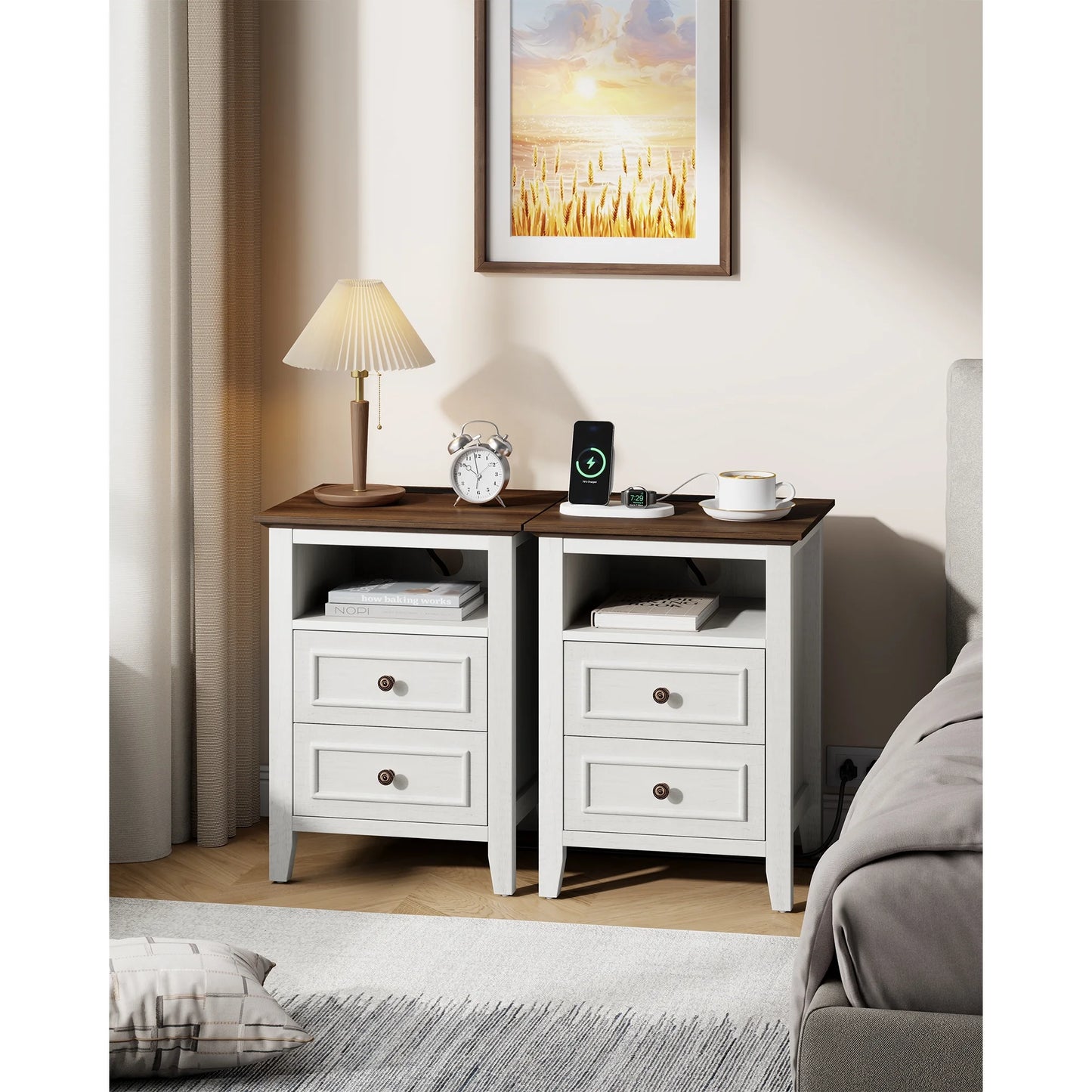 GIKPAL Farmhouse Nightstand with Charging Station, Dresser for Bedroom with 2 Drawers Handles, Rustic Wood Side Table End Table for Living Room, Oak White