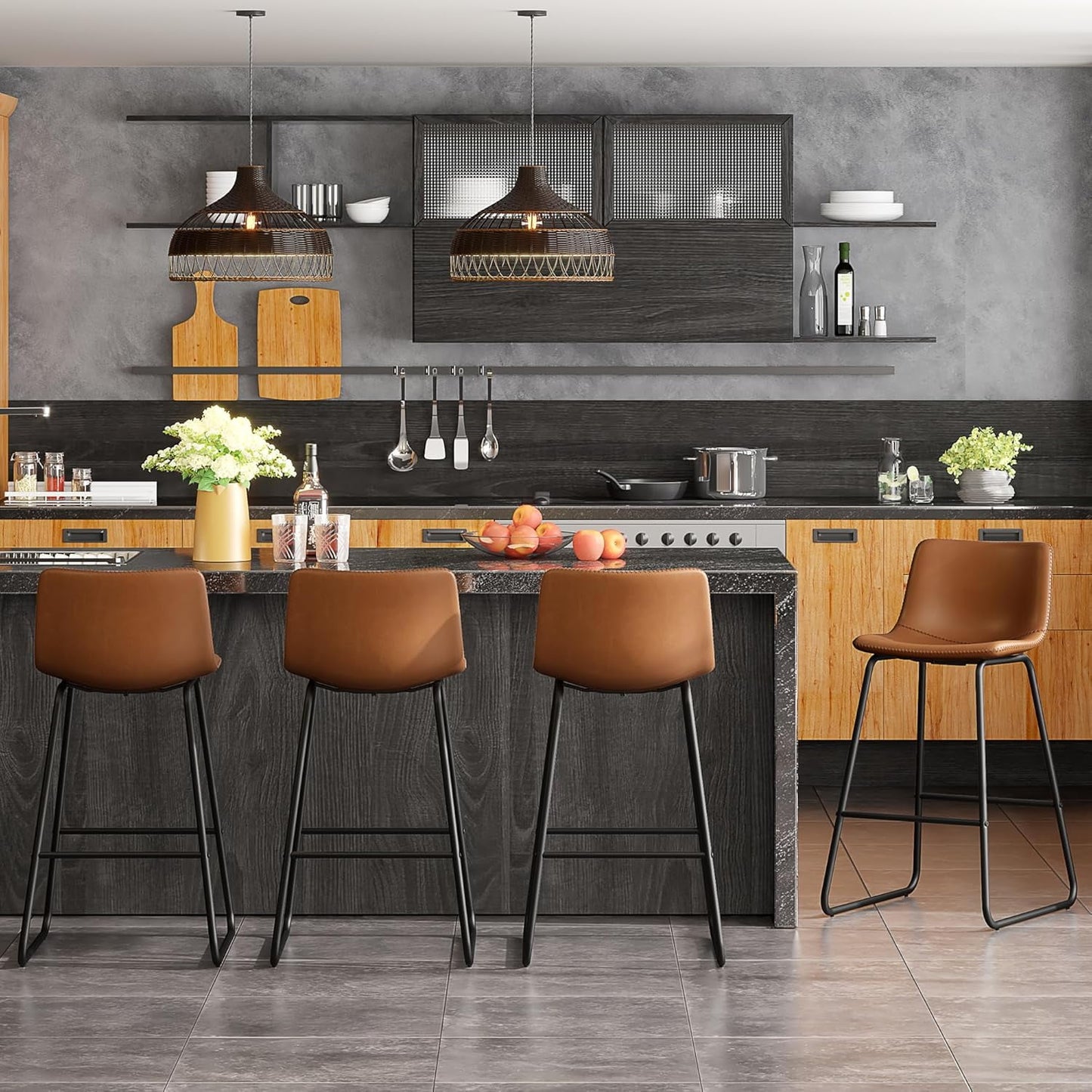 GIKPAL Bar Stools 26" Faux Leather Counter Height Barstools with Back Set of 6, Modern Counter Stools with Metal Legs and Footrest, Armless Chairs with Back for Kitchen Living Room Pub, Dark Brown