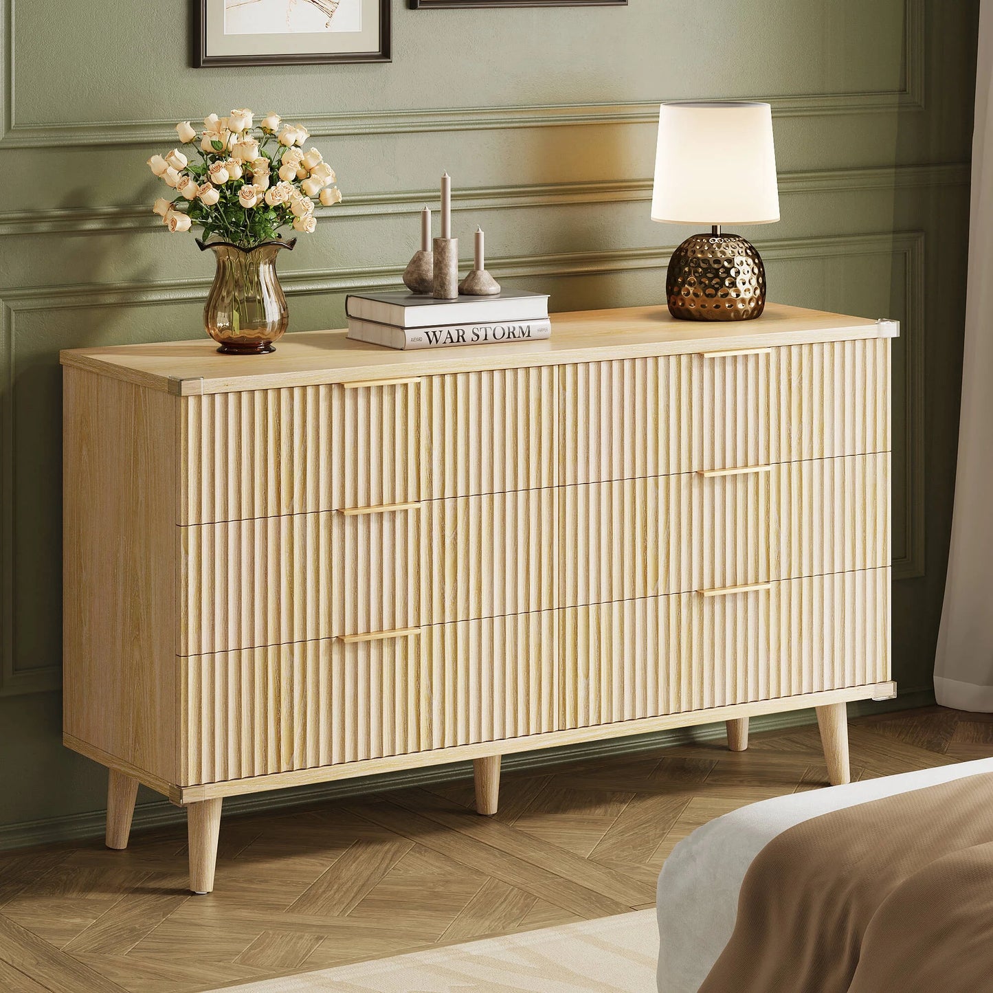 GIKPAL Dressers for Bedroom 6 Drawer, Wood Chest of Double Drawers Dressers, Modern Boho Fluted Storage Cabinet with Metal Handles, for Living Room, Entryway &amp; Hallway, Natural