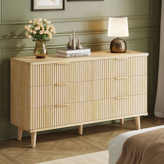 GIKPAL Dressers for Bedroom 6 Drawer, Wood Chest of Double Drawers Dressers, Modern Boho Fluted Storage Cabinet with Metal Handles, for Living Room, Entryway &amp; Hallway, Natural